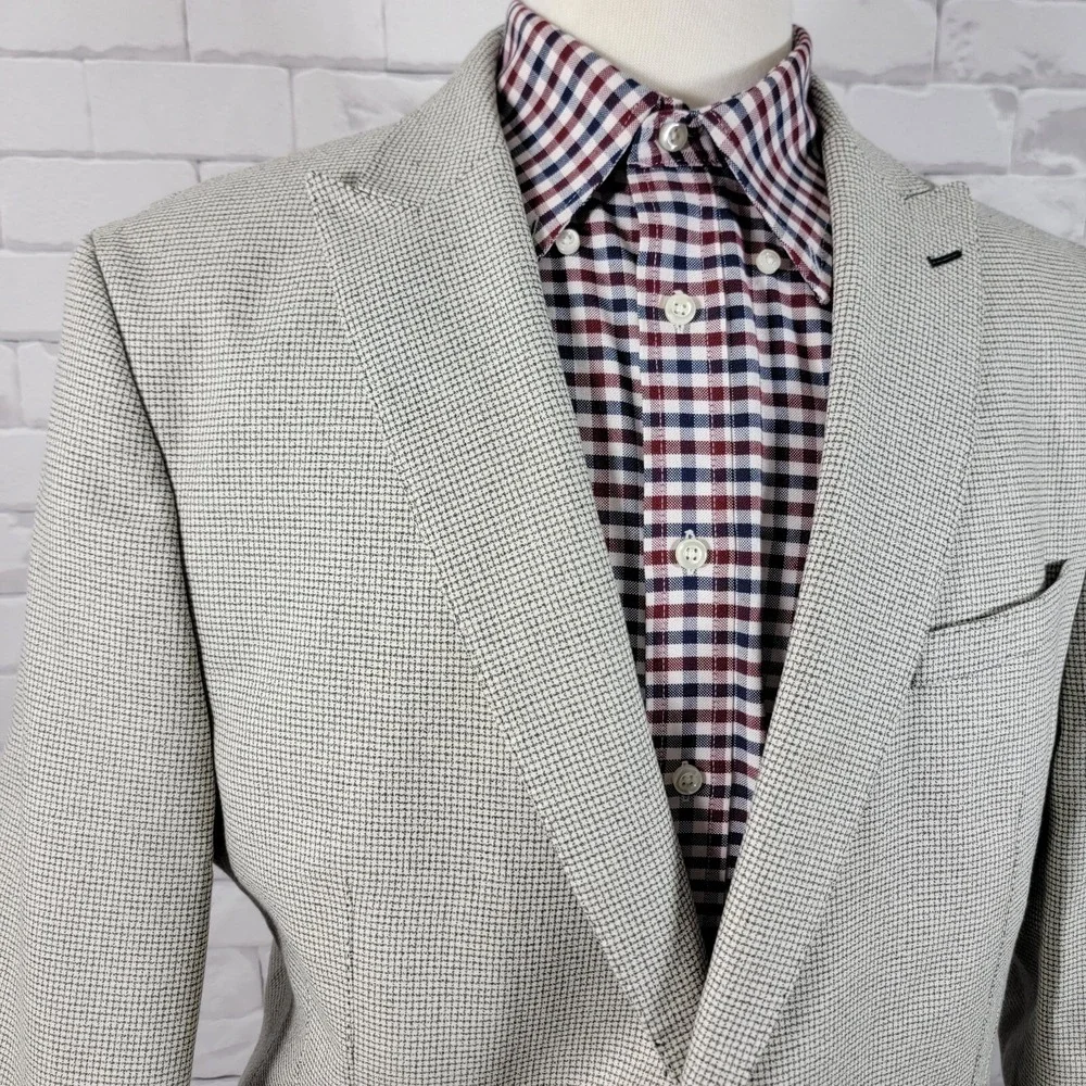Maceoo Men's Blazer Bethoven Grid White‎ Two Button Checked Poly Blend Size 48L